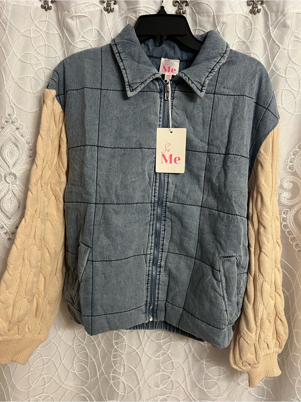 Ladies Blue Checked Jacket with Cream Cable-Knit Sleeves